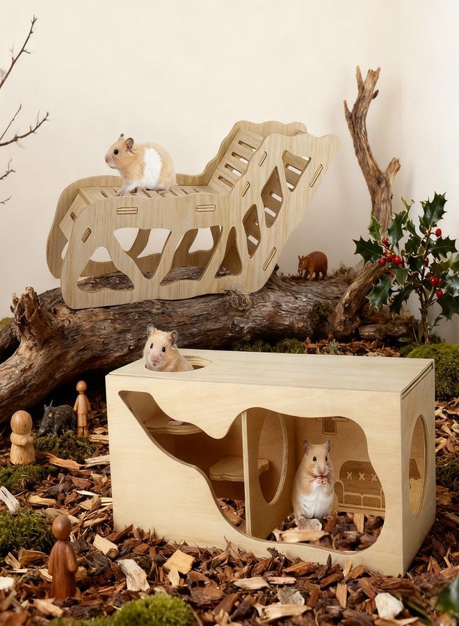 Dmnnlp 2Pcs Hamster House and Tunnel, Wooden Exploring Tunnel with Ladder, Small Animal Playground Exploring Toys for Syrian Dwarf Hamsters Gerbils Guinea Pig - Image 4